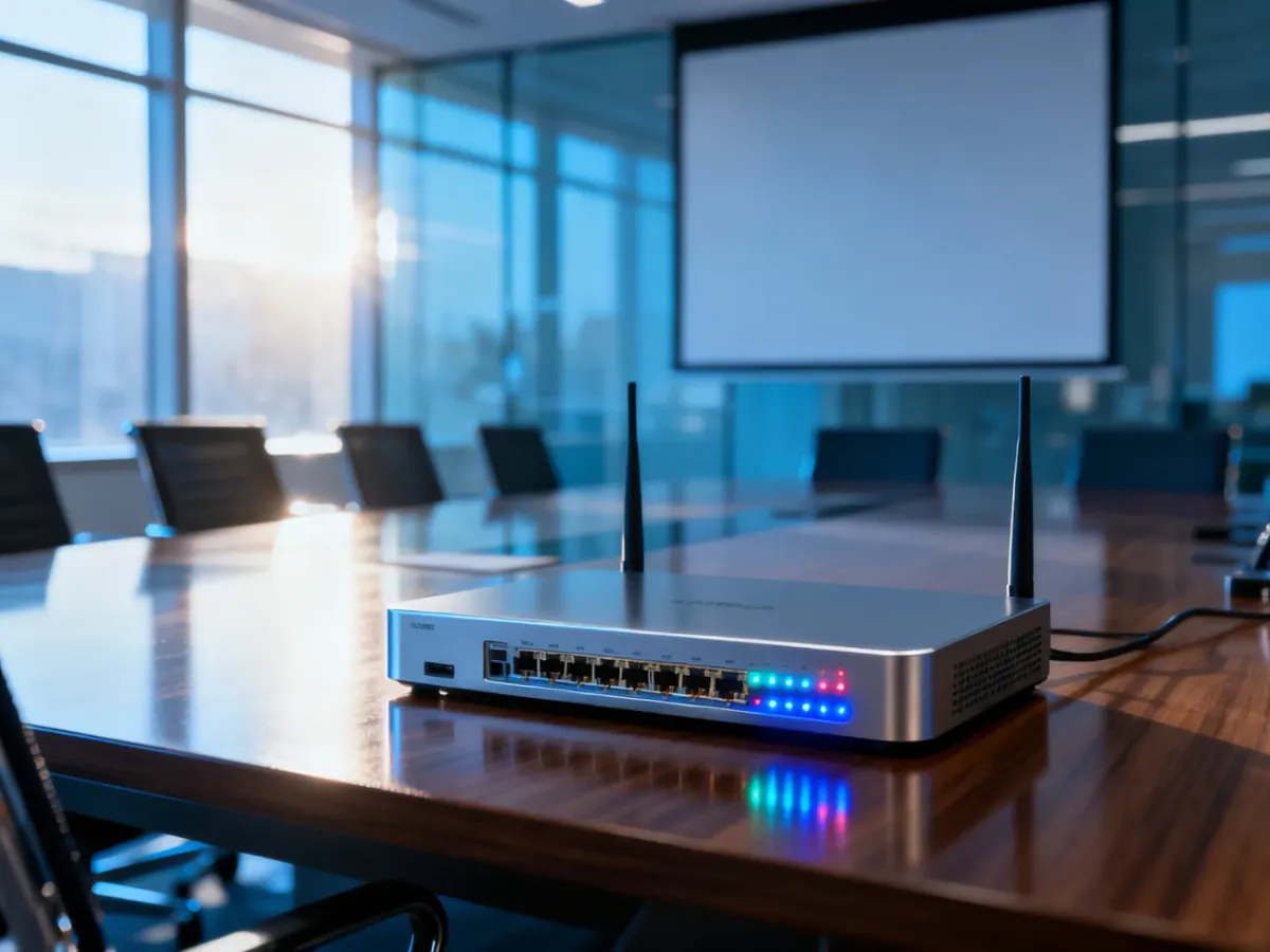 Nowoczesny router sieciowy na stole w sali konferencyjnej, gotowy do testów jakości połączenia internetowego.