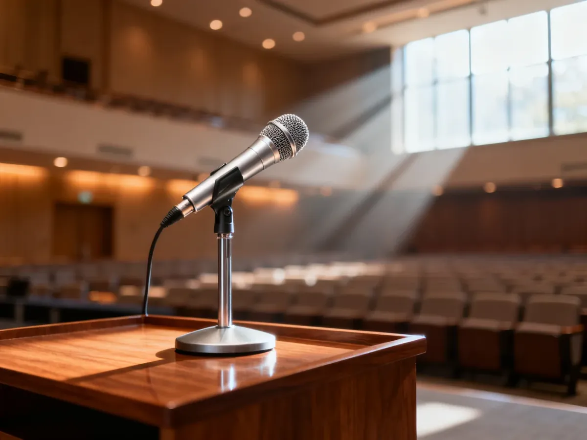 Srebrny mikrofon na mównicy w profesjonalnej sali konferencyjnej, gotowy do zadawania pytań przez uczestników.