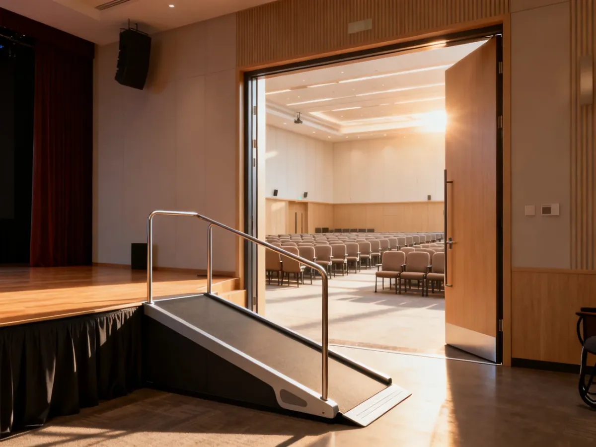 Nowoczesna sala konferencyjna z podjazdem dla wózków inwalidzkich oraz szerokim wejściem zapewniającym pełną dostępność.