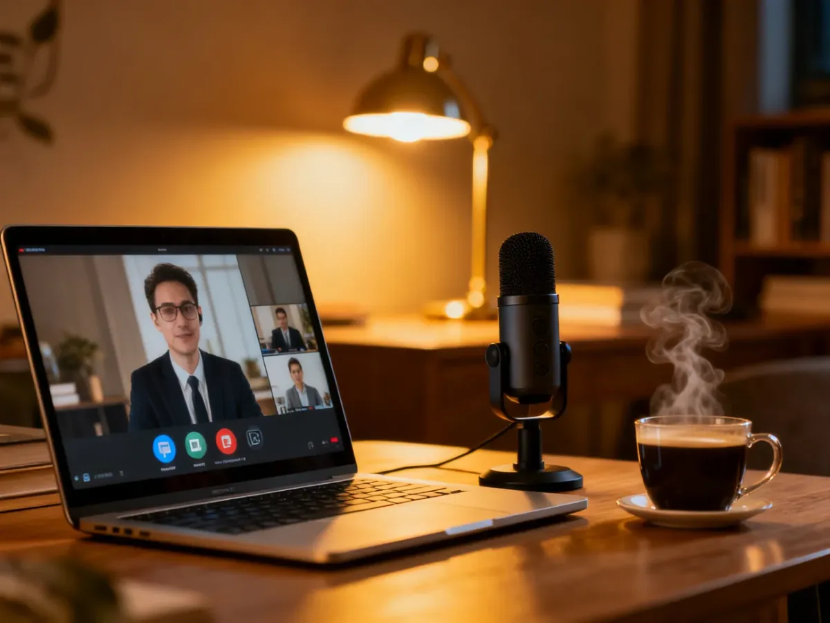 Nowoczesne stanowisko pracy z laptopem i mikrofonem, przygotowane do prowadzenia profesjonalnej konferencji online.