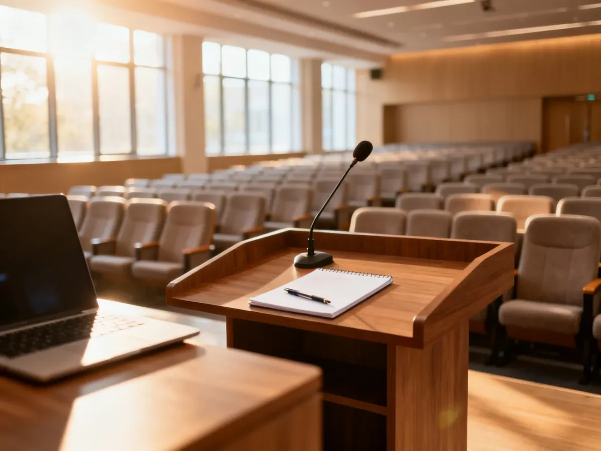 Nowoczesna sala konferencyjna z mównicą, przygotowana na wystąpienie prelegenta przed uczestnikami szkolenia.