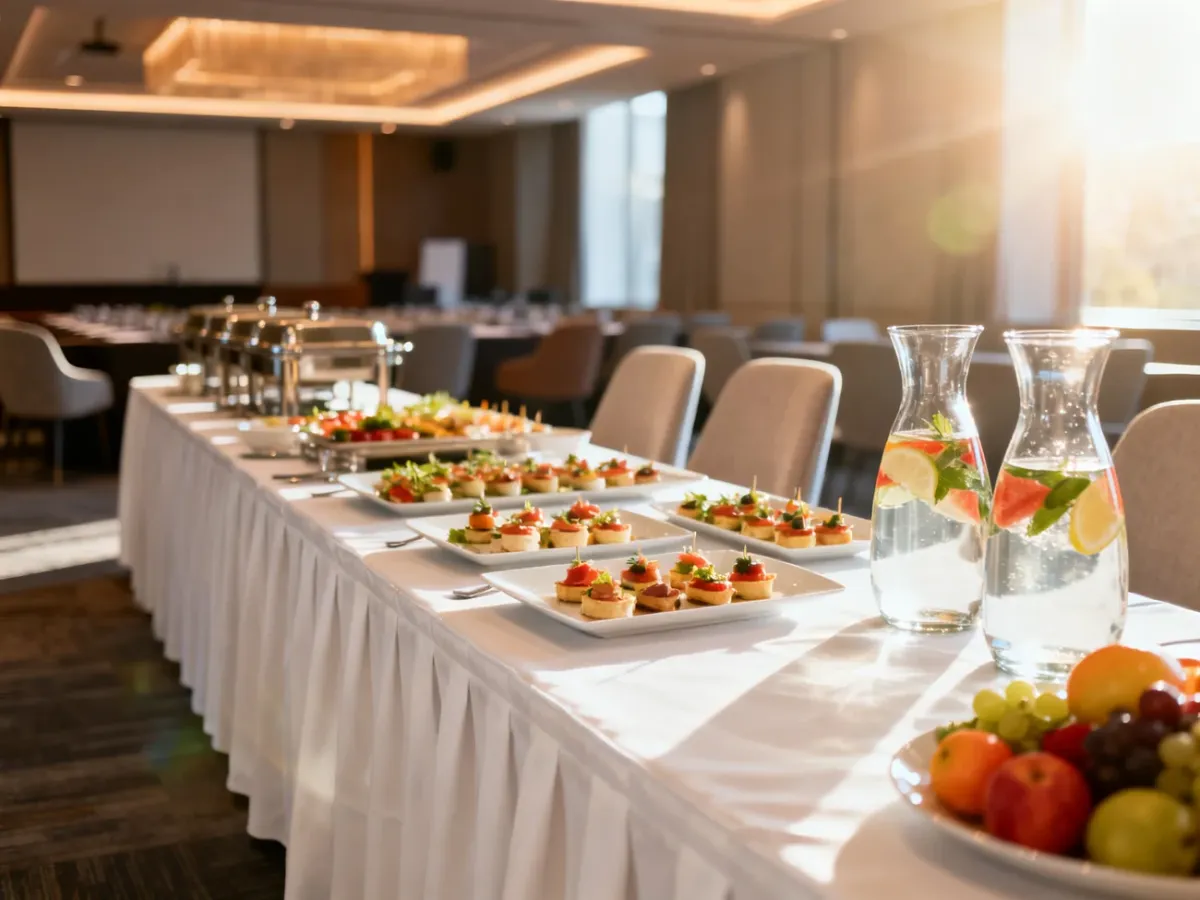 Elegancko zastawiony stół bufetowy z przekąskami i napojami w nowoczesnej sali konferencyjnej.