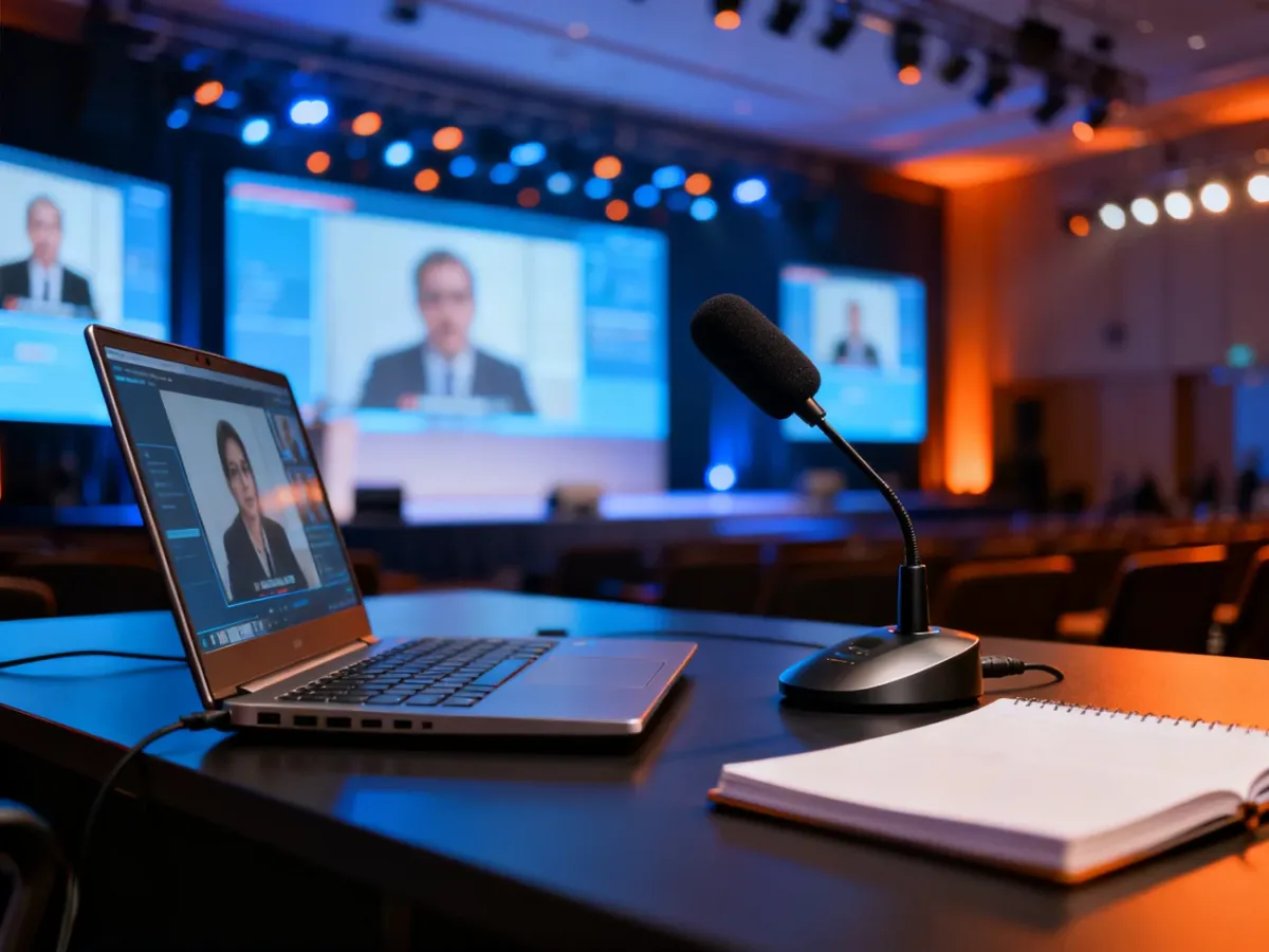 Profesjonalne stanowisko do prowadzenia konferencji hybrydowej z laptopem, mikrofonem i widokiem na salę z uczestnikami online.