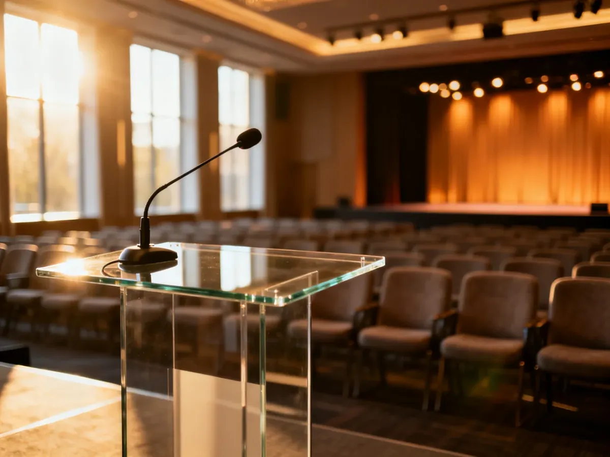 Nowoczesna sala konferencyjna z mównicą i mikrofonem, przygotowana na rozpoczęcie profesjonalnego wydarzenia branżowego.
