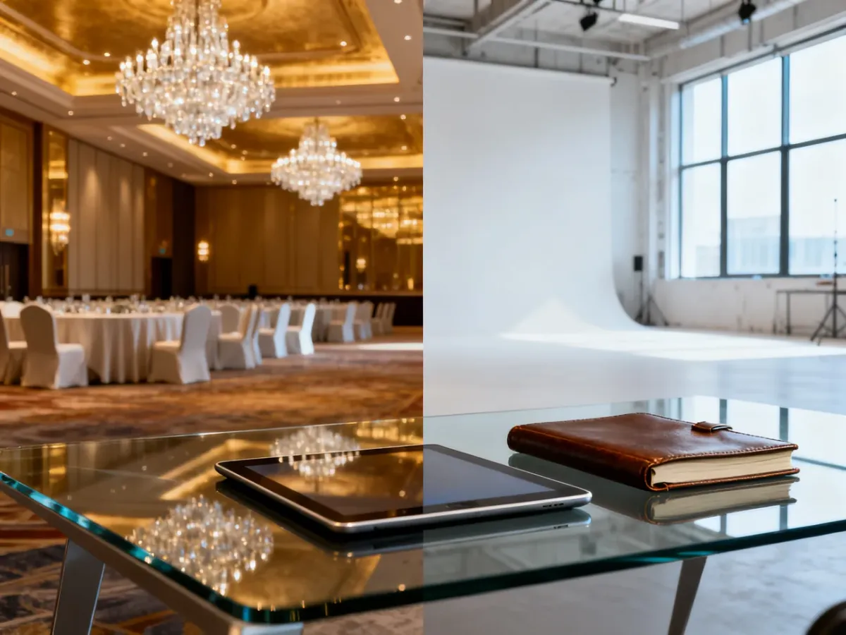 Porównanie nowoczesnej sali konferencyjnej w hotelu oraz minimalistycznego studia, ułatwiające wybór miejsca na spotkanie.